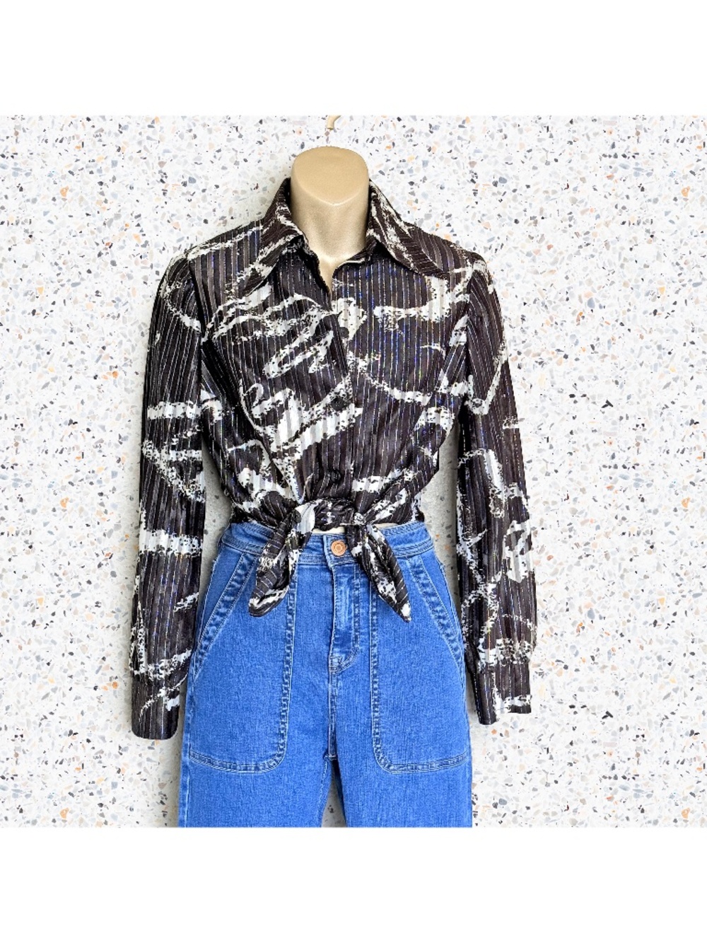VTG 70s Sheer Metallic Pinstripe Disco Urban Cowgirl Rodeo Dart Collar Blouse S